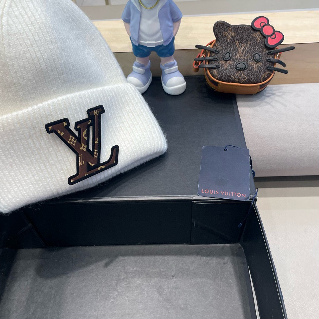 lv路易威登兔毛粗线针织帽女秋冬新款毛线帽大头围针织帽男款白色冷帽子