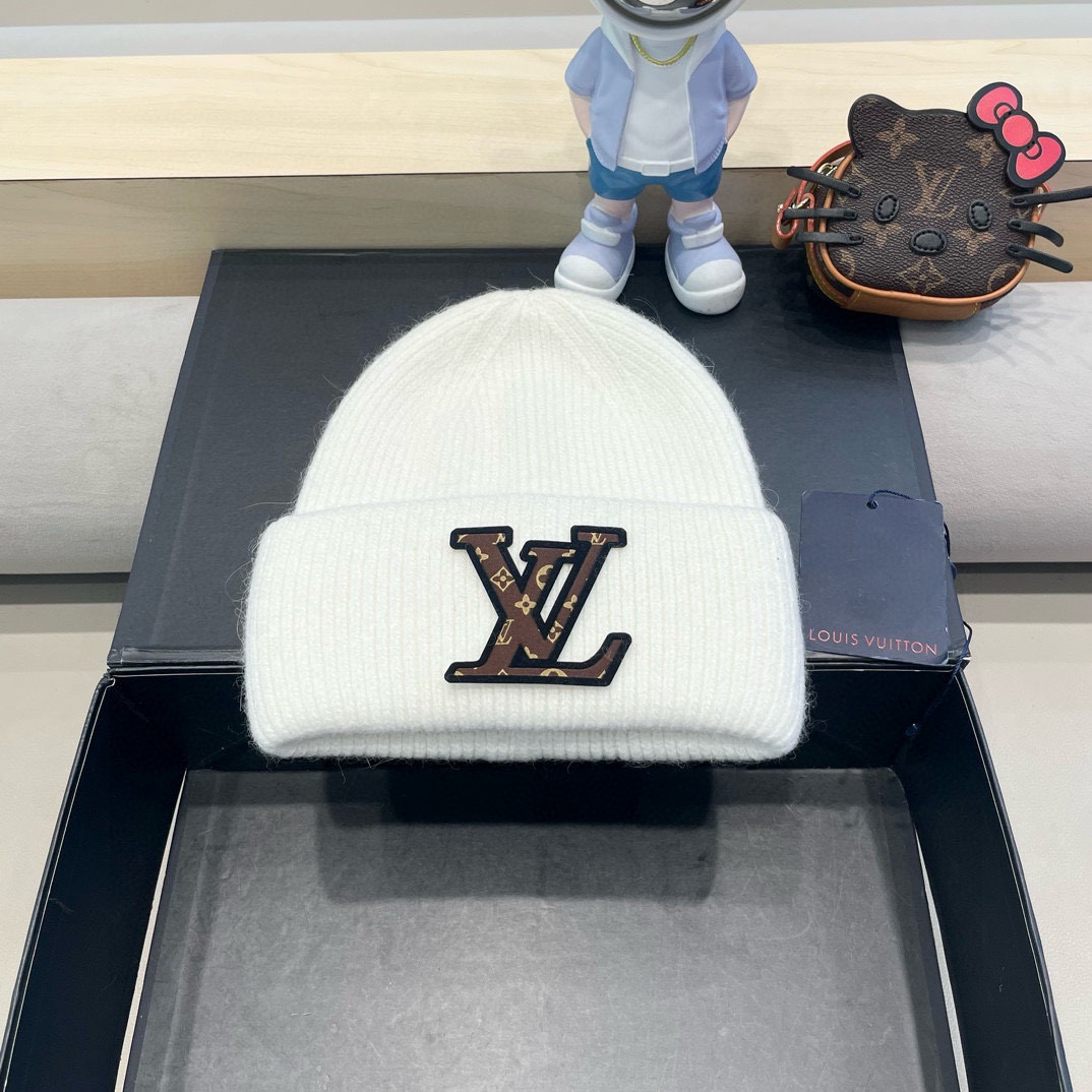 lv路易威登兔毛粗线针织帽女秋冬新款毛线帽大头围针织帽男款白色冷帽子