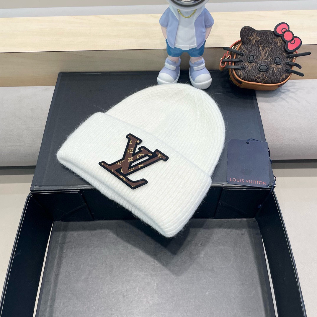 lv路易威登兔毛粗线针织帽女秋冬新款毛线帽大头围针织帽男款白色冷帽子