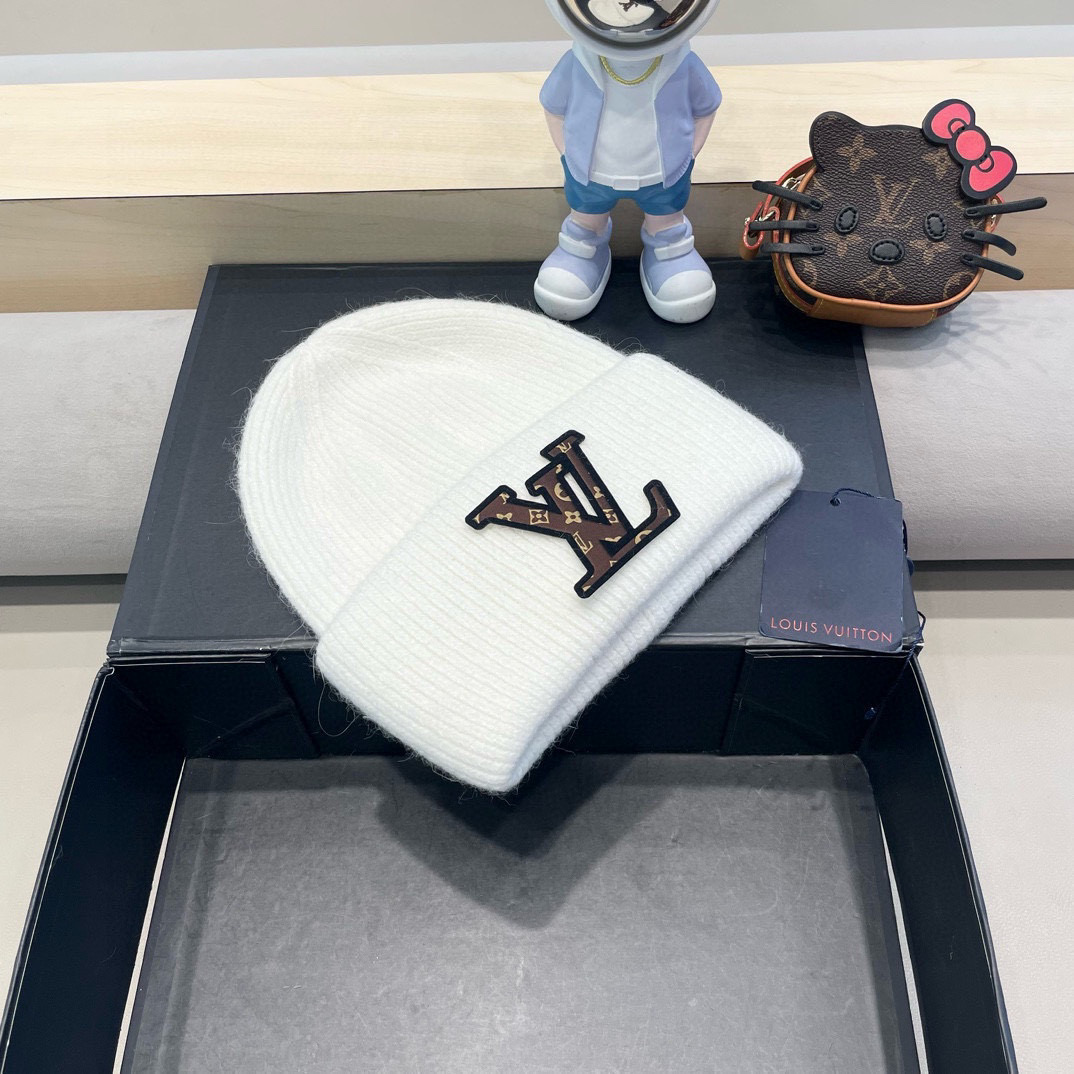 lv路易威登兔毛粗线针织帽女秋冬新款毛线帽大头围针织帽男款白色冷帽子