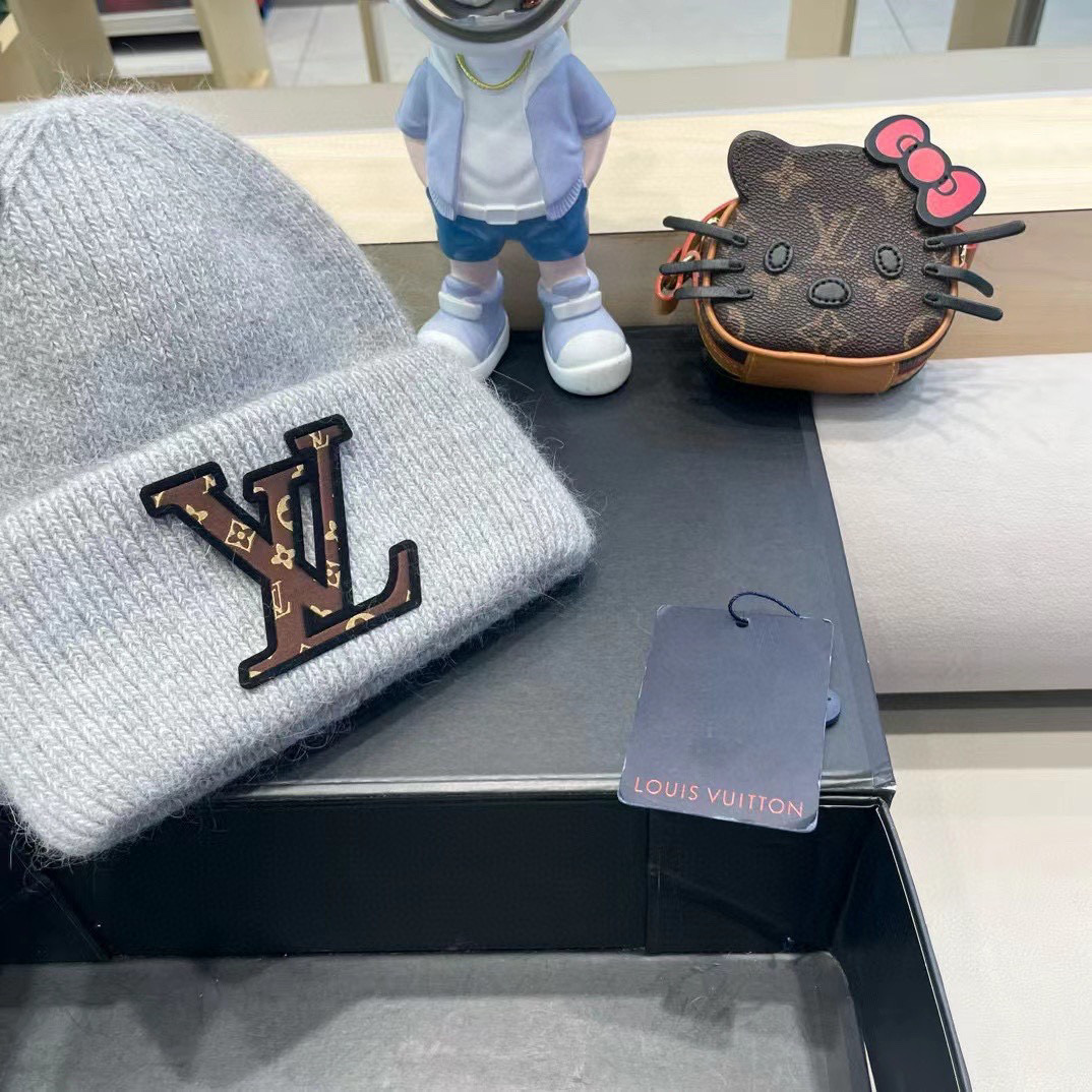 lv路易威登兔毛粗线针织帽女秋冬新款毛线帽大头围针织帽男款白色冷帽子