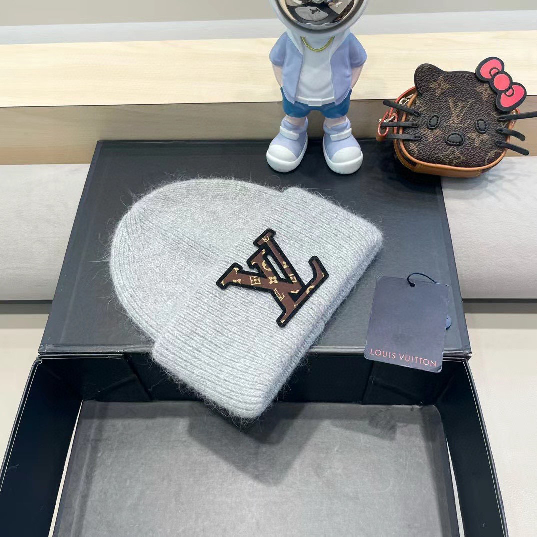 lv路易威登兔毛粗线针织帽女秋冬新款毛线帽大头围针织帽男款白色冷帽子