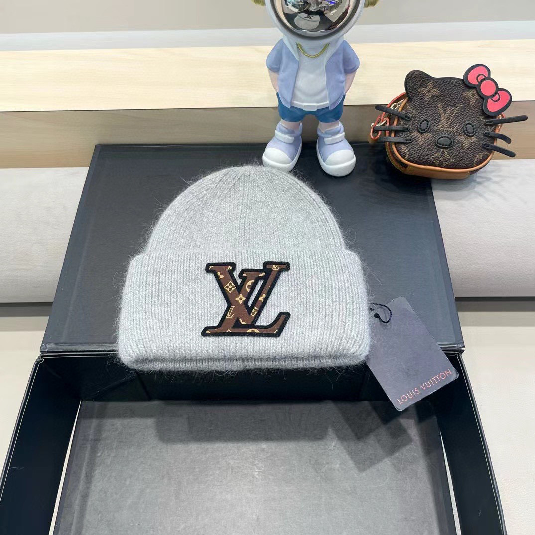 lv路易威登兔毛粗线针织帽女秋冬新款毛线帽大头围针织帽男款白色冷帽子