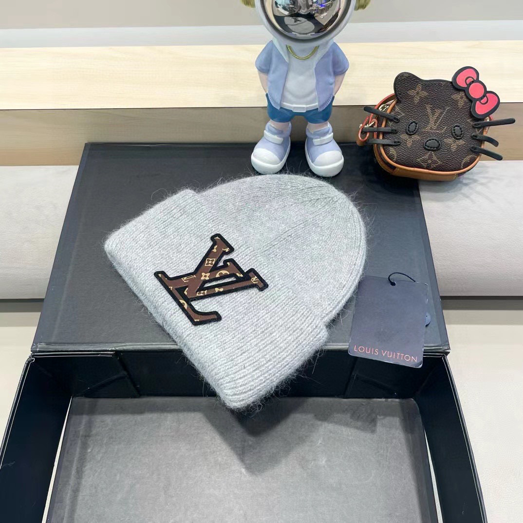 lv路易威登兔毛粗线针织帽女秋冬新款毛线帽大头围针织帽男款白色冷帽子