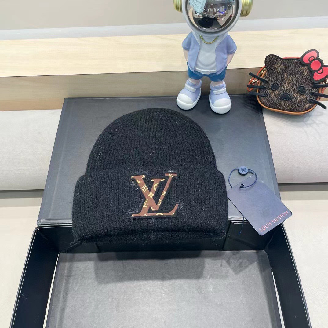 lv路易威登兔毛粗线针织帽女秋冬新款毛线帽大头围针织帽男款白色冷帽子