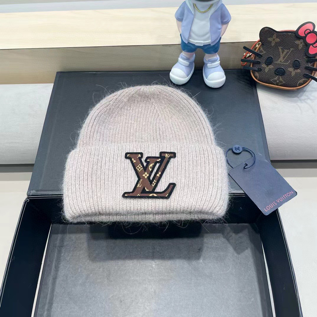 lv路易威登兔毛粗线针织帽女秋冬新款毛线帽大头围针织帽男款白色冷帽子