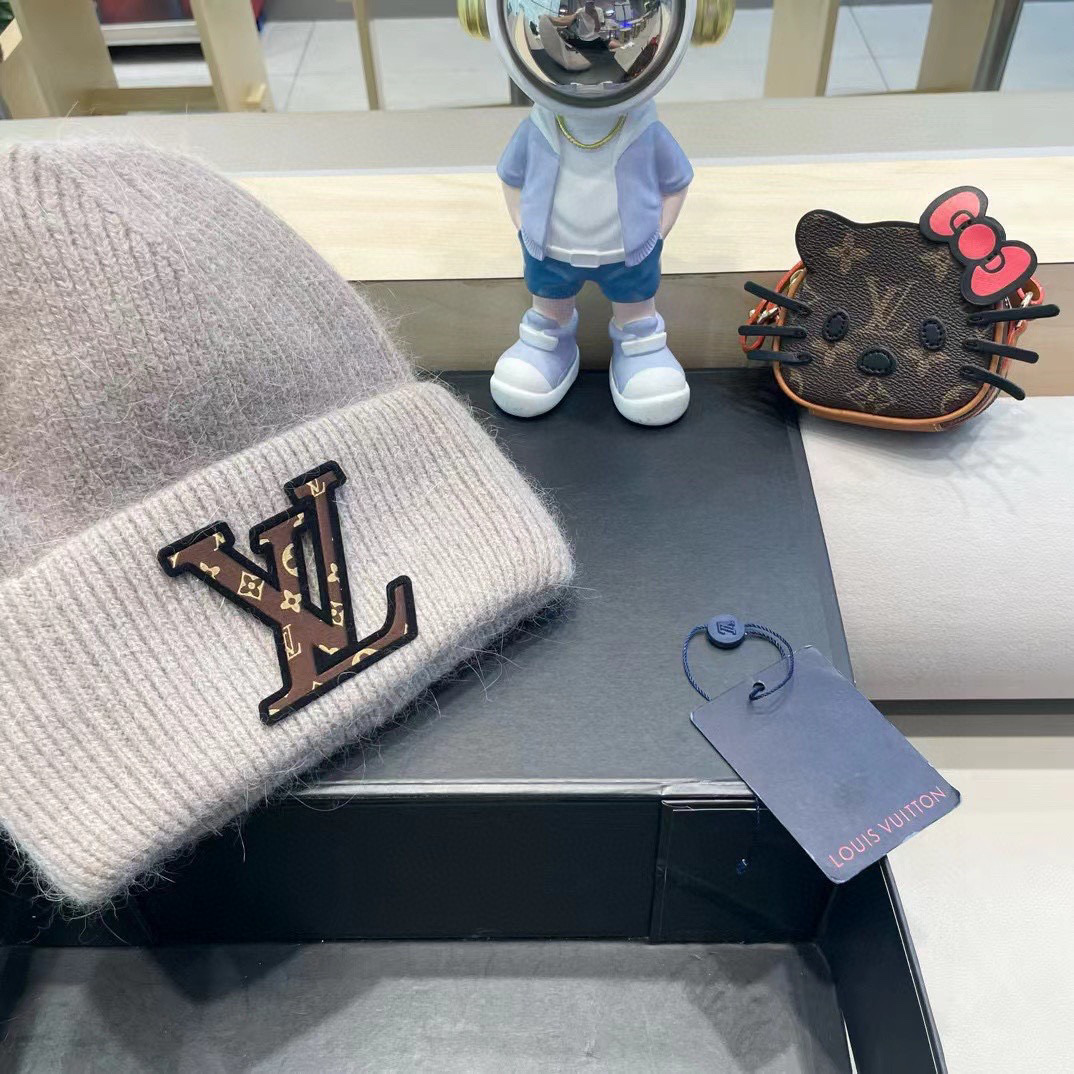 lv路易威登兔毛粗线针织帽女秋冬新款毛线帽大头围针织帽男款白色冷帽子