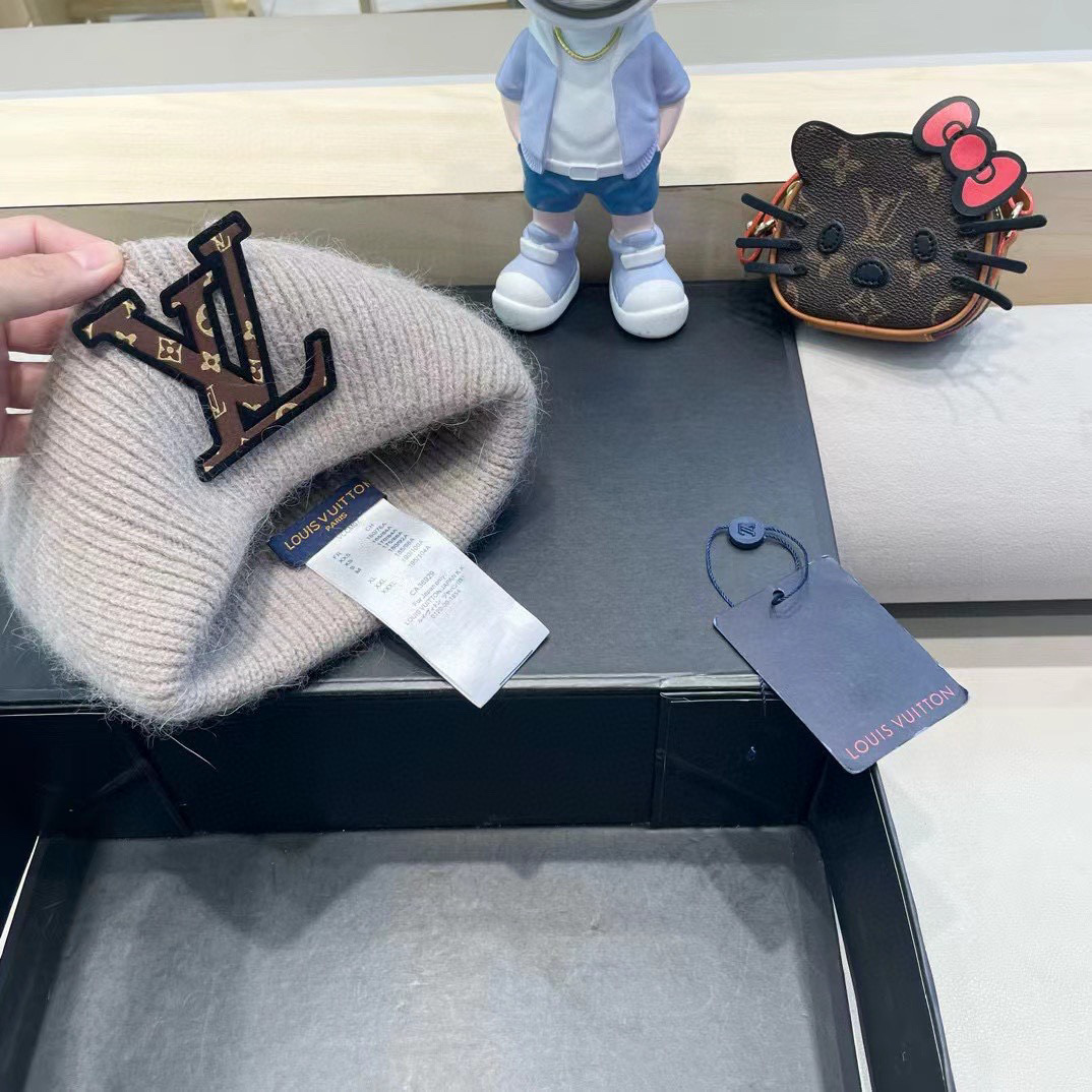 lv路易威登兔毛粗线针织帽女秋冬新款毛线帽大头围针织帽男款白色冷帽子
