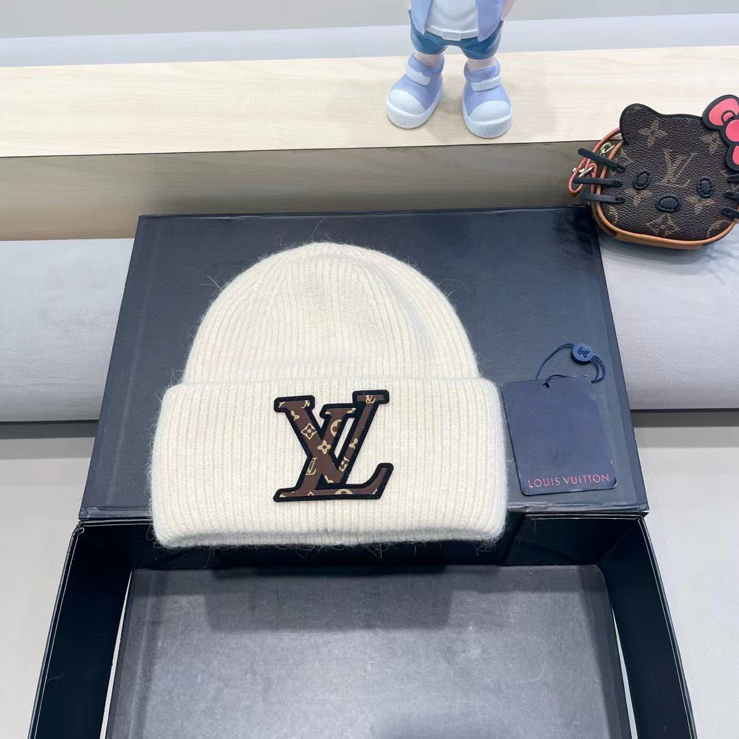 lv路易威登兔毛粗线针织帽女秋冬新款毛线帽大头围针织帽男款白色冷帽子