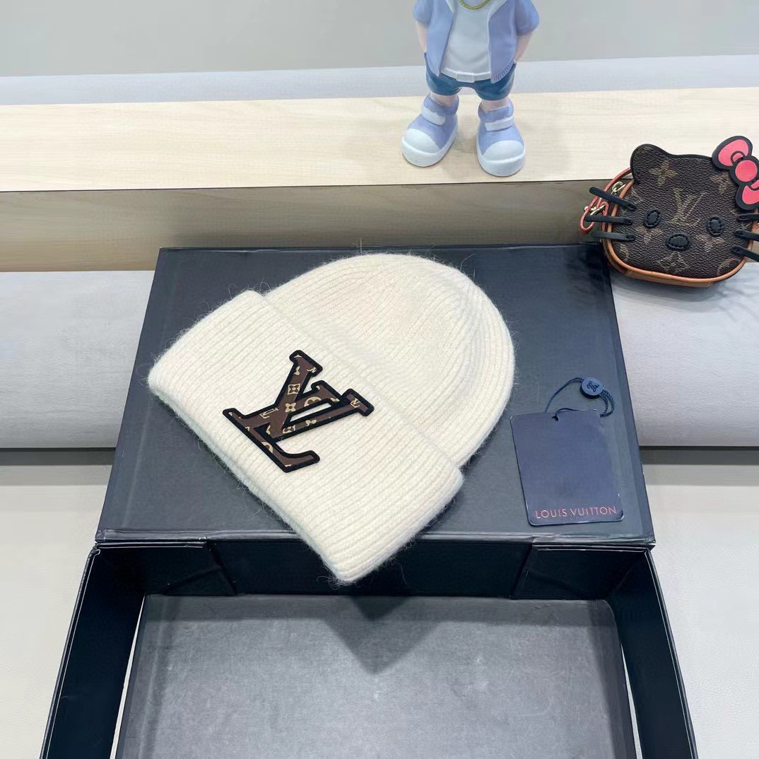 lv路易威登兔毛粗线针织帽女秋冬新款毛线帽大头围针织帽男款白色冷帽子