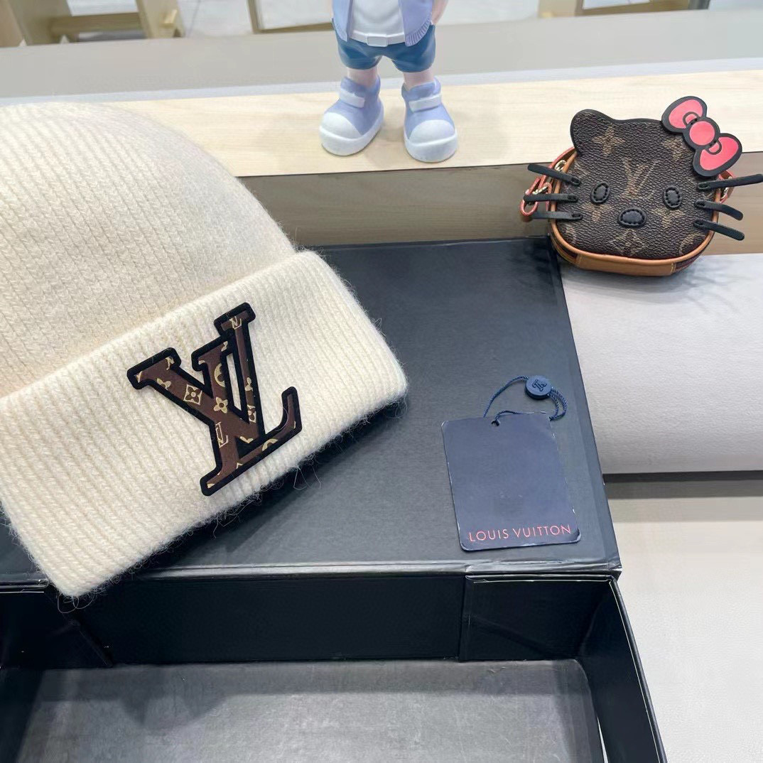 lv路易威登兔毛粗线针织帽女秋冬新款毛线帽大头围针织帽男款白色冷帽子