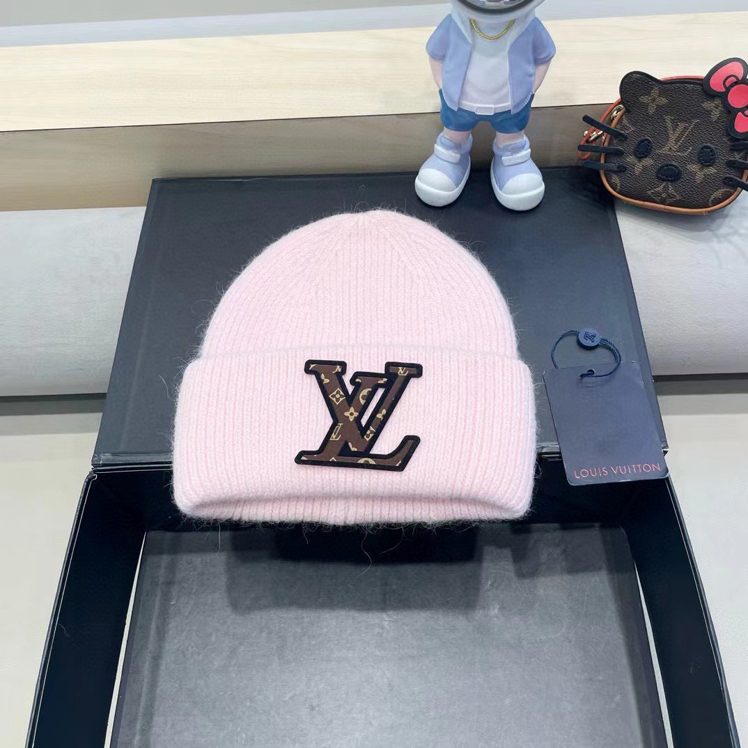 lv路易威登兔毛粗线针织帽女秋冬新款毛线帽大头围针织帽男款白色冷帽子