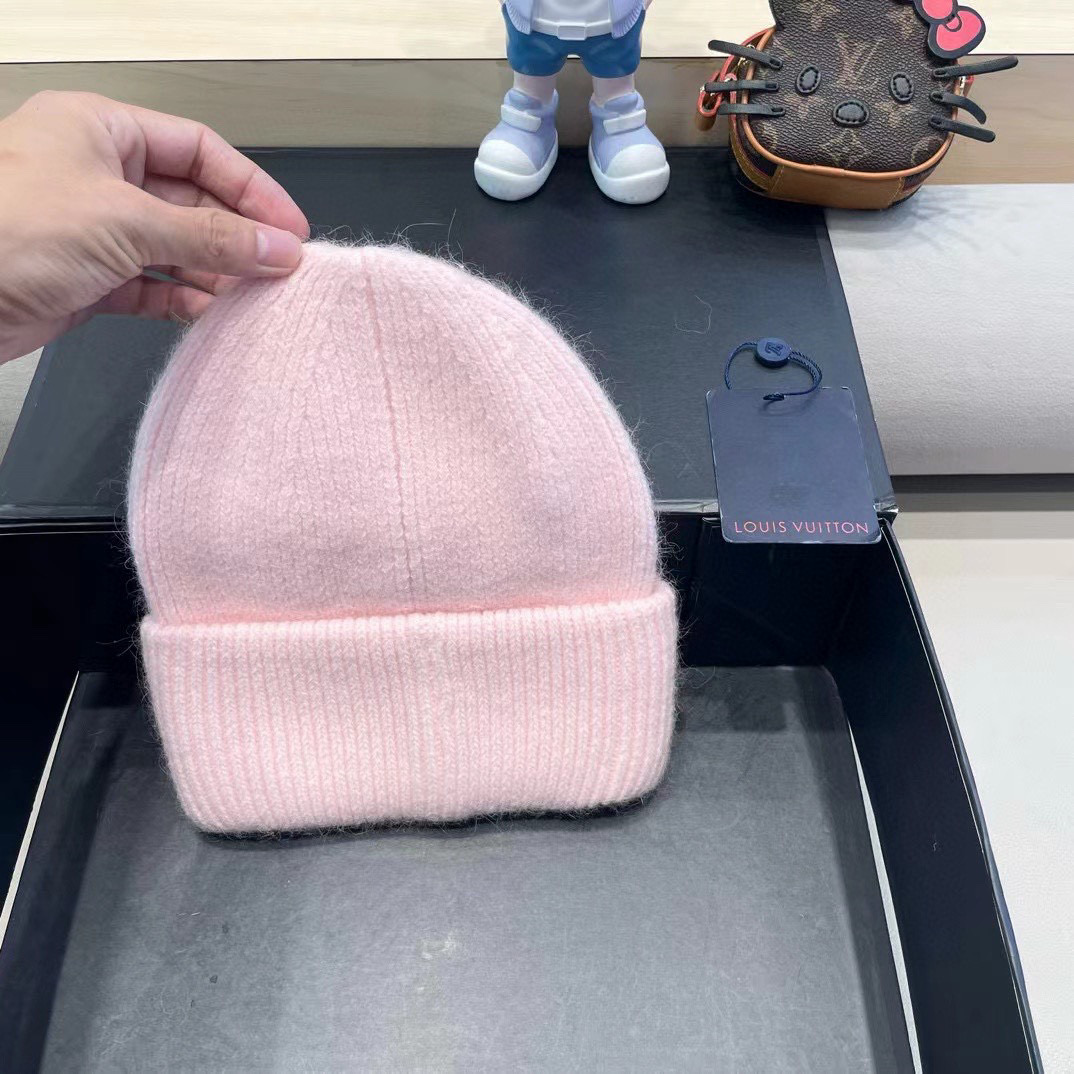 lv路易威登兔毛粗线针织帽女秋冬新款毛线帽大头围针织帽男款白色冷帽子