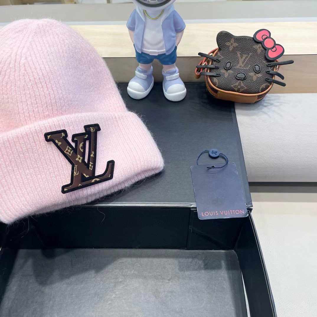 lv路易威登兔毛粗线针织帽女秋冬新款毛线帽大头围针织帽男款白色冷帽子