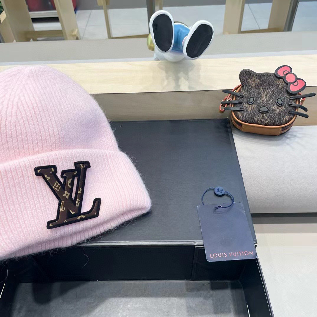 lv路易威登兔毛粗线针织帽女秋冬新款毛线帽大头围针织帽男款白色冷帽子
