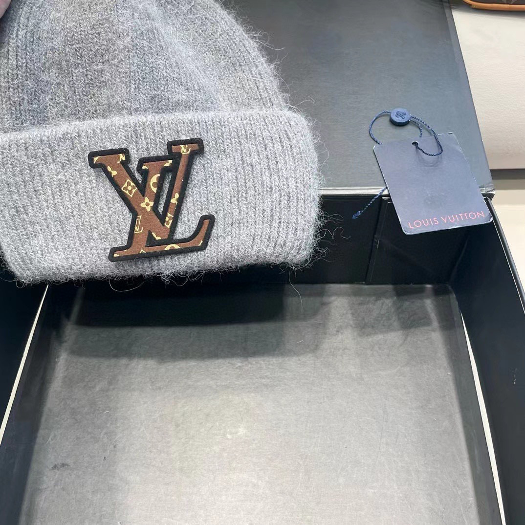 lv路易威登兔毛粗线针织帽女秋冬新款毛线帽大头围针织帽男款白色冷帽子