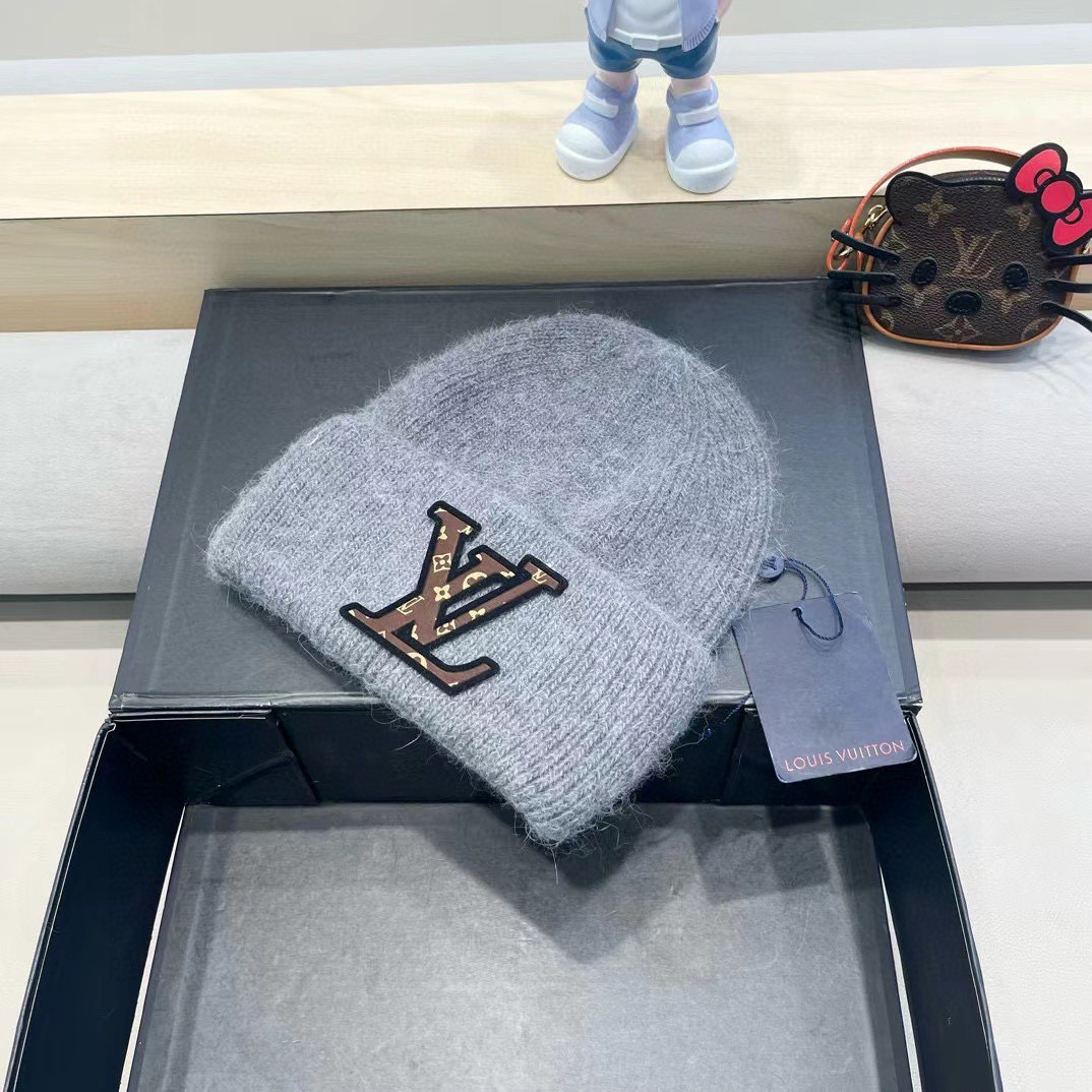 lv路易威登兔毛粗线针织帽女秋冬新款毛线帽大头围针织帽男款白色冷帽子