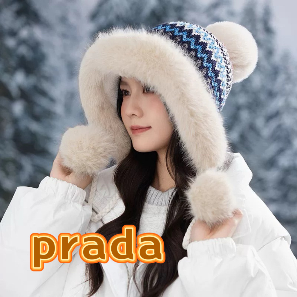 Prada普拉达毛茸茸雷锋帽子女生冬季新款防寒保暖毛绒帽子东北护耳套头帽