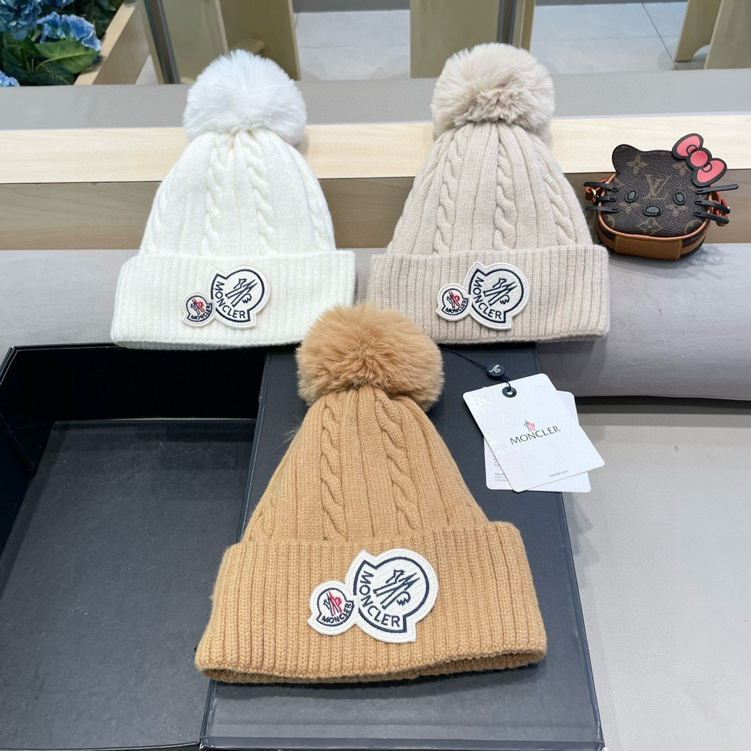 moncler新款秋冬季女可爱加绒加厚保暖毛球针织护耳冬天套头毛线帽子