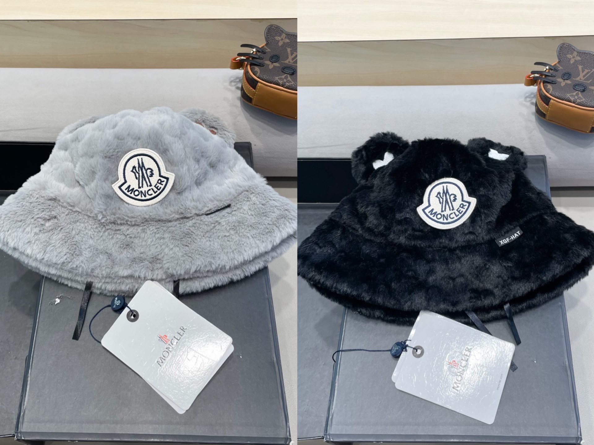 moncler爱心毛绒渔夫帽女秋冬保暖百搭耳朵盆帽加绒加厚百搭仿小兔毛韩版