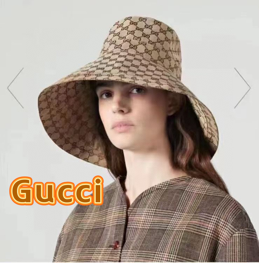 P80 Gucci 古奇 卡其色帆布双G老花Logo徽标大宽檐渔夫帽遮阳帽子