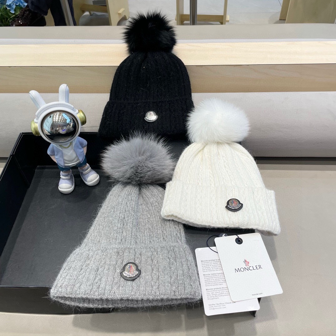 moncler兔毛麻花针织帽女秋冬狐狸毛球保暖帽子韩版日系百搭包头帽堆堆帽