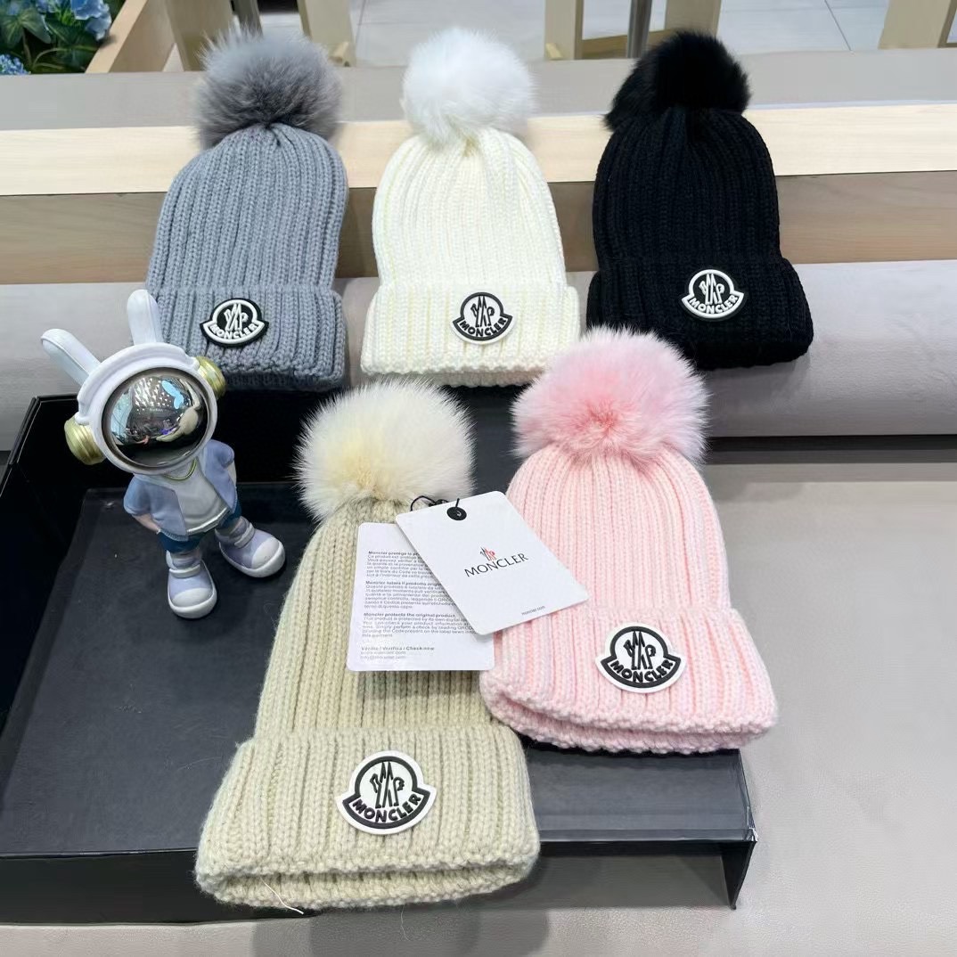moncler针织帽秋冬新款帽子女士毛线帽仿狐狸毛球球帽假毛球加厚保暖帽子