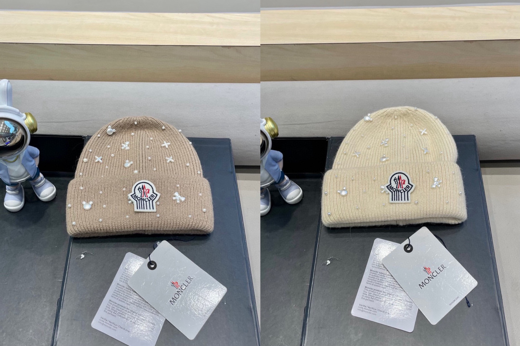moncler重工艺新款珍珠蝴蝶结护耳针织帽子女秋冬兔毛混纺防寒保暖包头帽