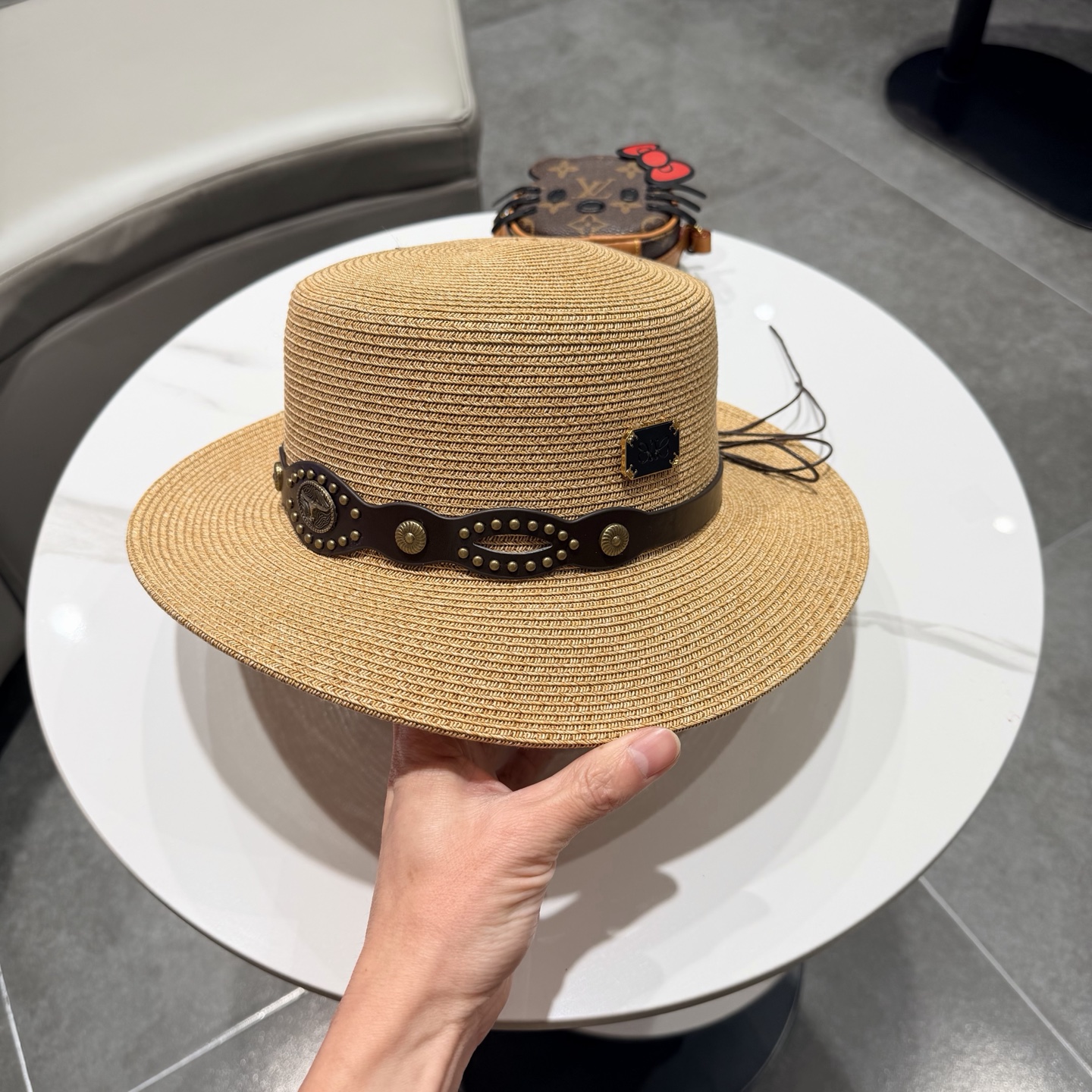 罗意威风复古平顶帽子女夏季防晒草帽国潮平沿帽海边度假百搭遮阳帽