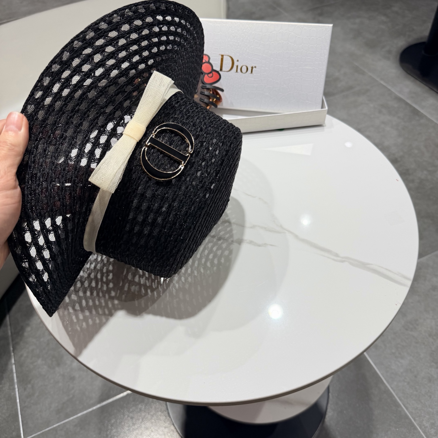 dior迪奥法式蝴蝶结镂空平顶草帽女夏季优雅礼帽海边沙滩遮阳防晒太阳帽子