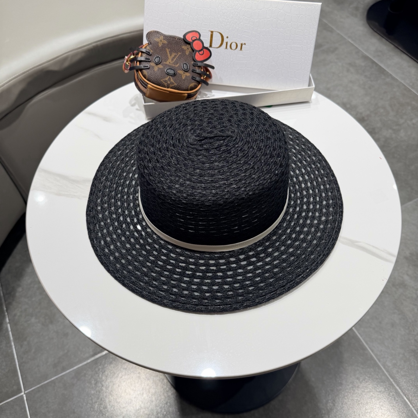 dior迪奥法式蝴蝶结镂空平顶草帽女夏季优雅礼帽海边沙滩遮阳防晒太阳帽子