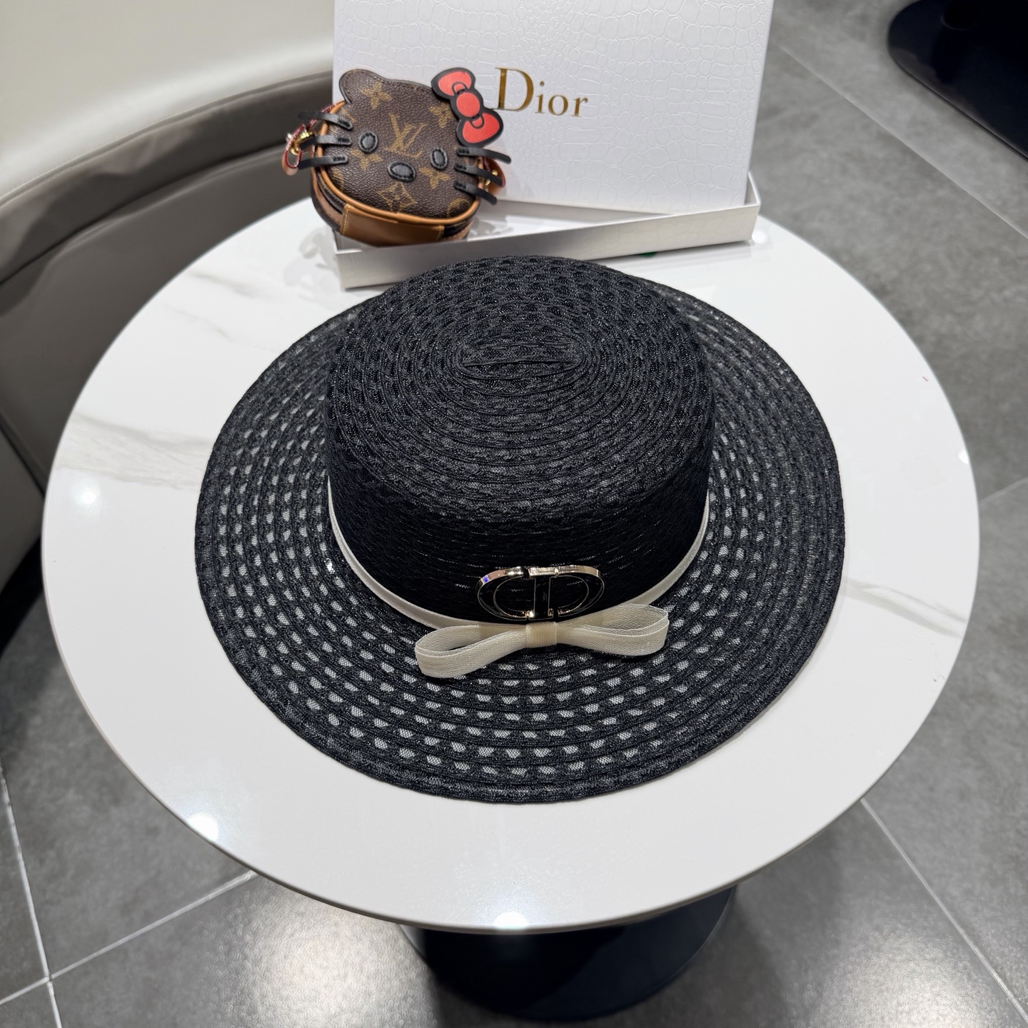 dior迪奥法式蝴蝶结镂空平顶草帽女夏季优雅礼帽海边沙滩遮阳防晒太阳帽子