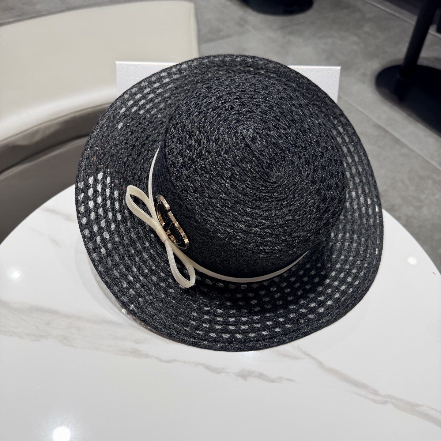 dior迪奥法式蝴蝶结镂空平顶草帽女夏季优雅礼帽海边沙滩遮阳防晒太阳帽子