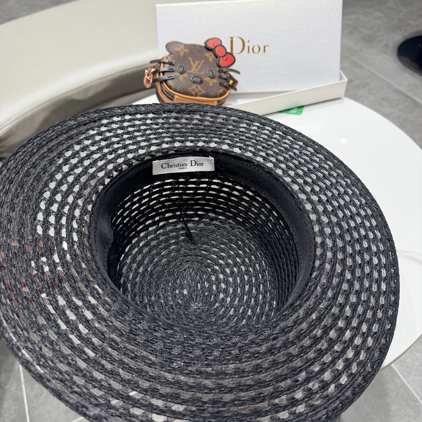 dior迪奥法式蝴蝶结镂空平顶草帽女夏季优雅礼帽海边沙滩遮阳防晒太阳帽子