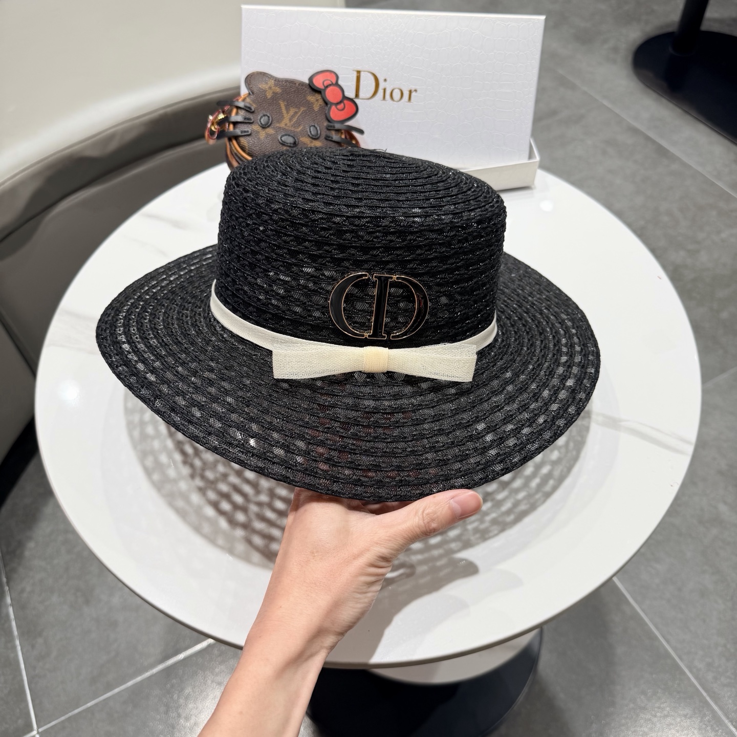 dior迪奥法式蝴蝶结镂空平顶草帽女夏季优雅礼帽海边沙滩遮阳防晒太阳帽子