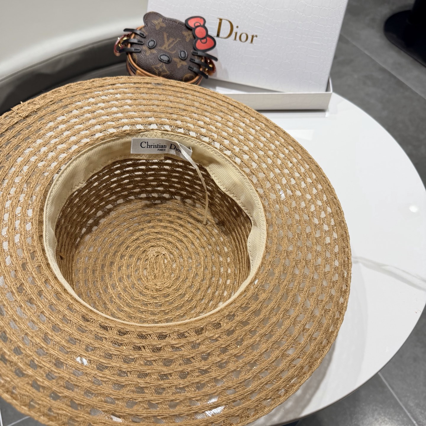 dior迪奥法式蝴蝶结镂空平顶草帽女夏季优雅礼帽海边沙滩遮阳防晒太阳帽子