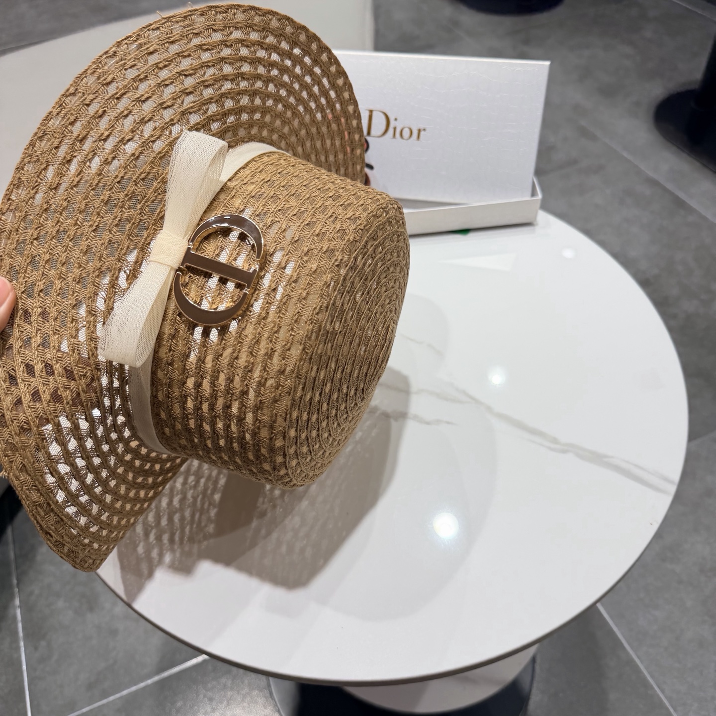 dior迪奥法式蝴蝶结镂空平顶草帽女夏季优雅礼帽海边沙滩遮阳防晒太阳帽子