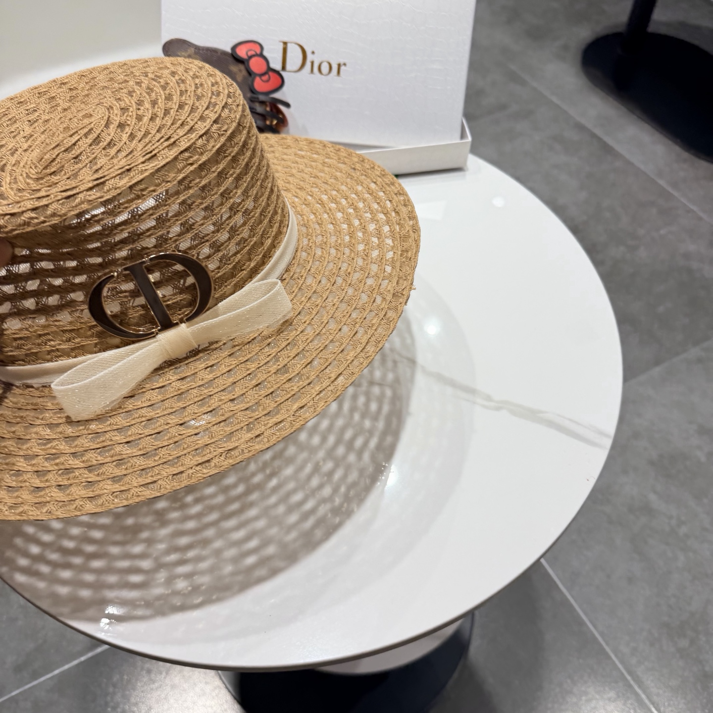 dior迪奥法式蝴蝶结镂空平顶草帽女夏季优雅礼帽海边沙滩遮阳防晒太阳帽子