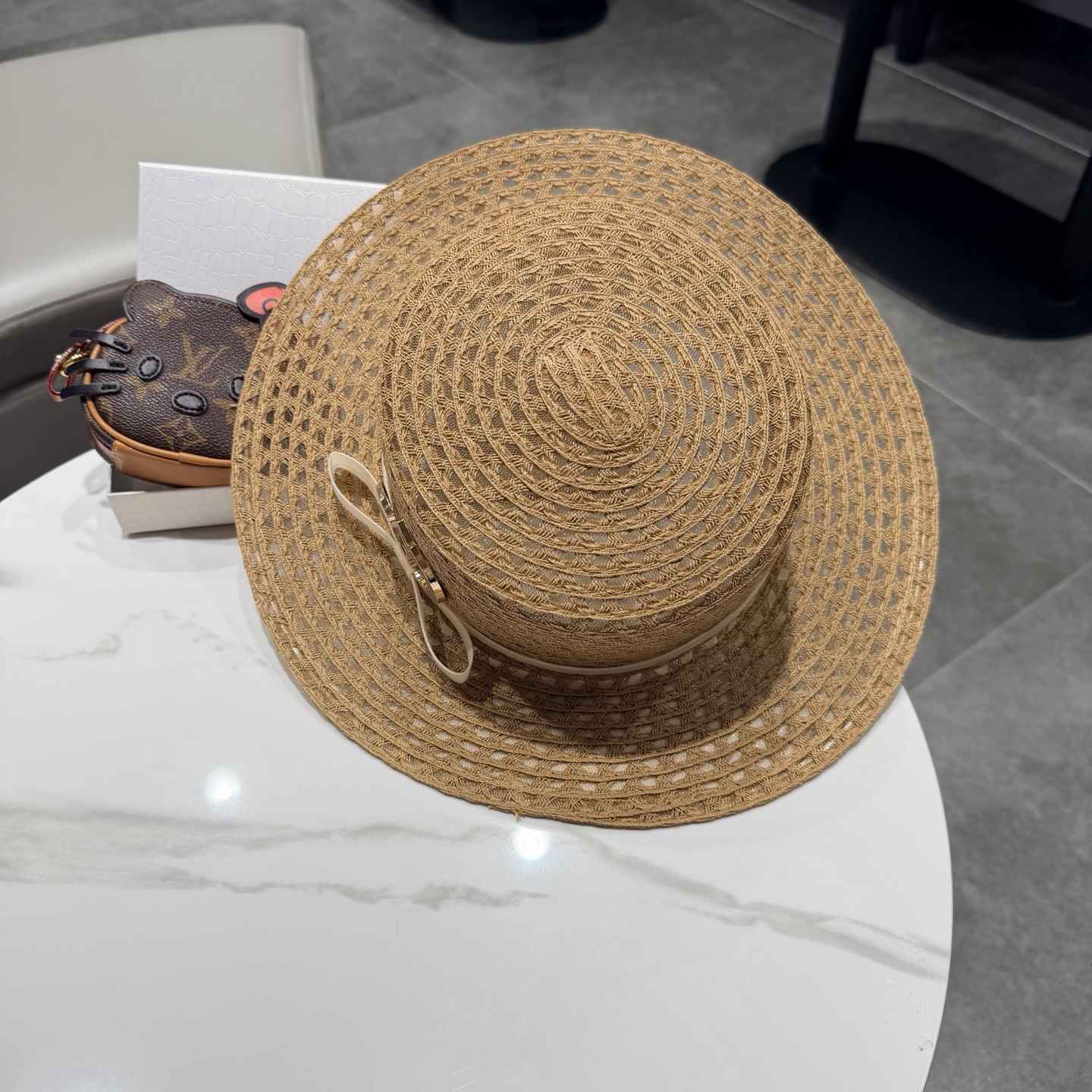 dior迪奥法式蝴蝶结镂空平顶草帽女夏季优雅礼帽海边沙滩遮阳防晒太阳帽子