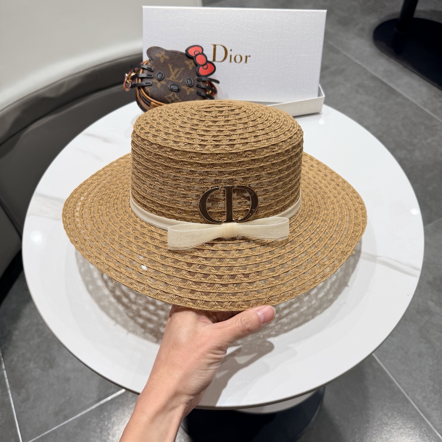 dior迪奥法式蝴蝶结镂空平顶草帽女夏季优雅礼帽海边沙滩遮阳防晒太阳帽子