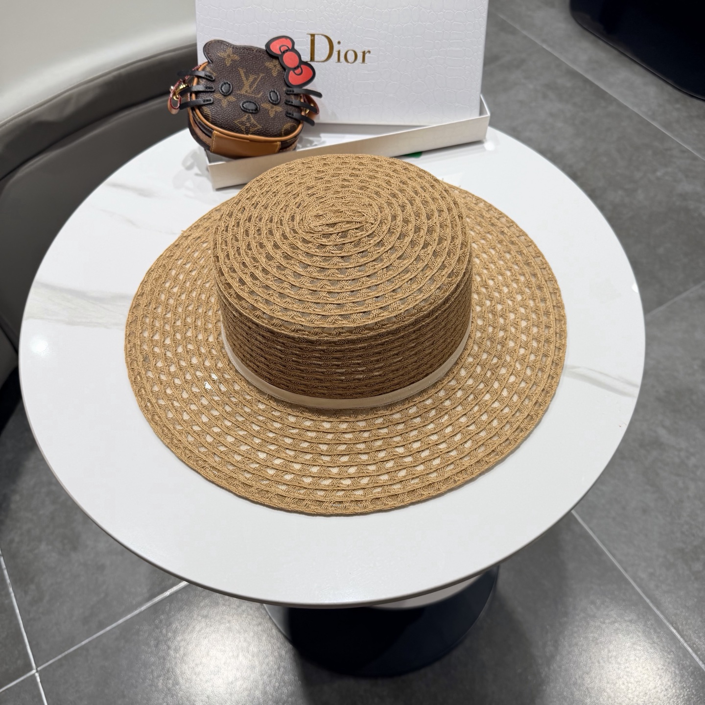 dior迪奥法式蝴蝶结镂空平顶草帽女夏季优雅礼帽海边沙滩遮阳防晒太阳帽子