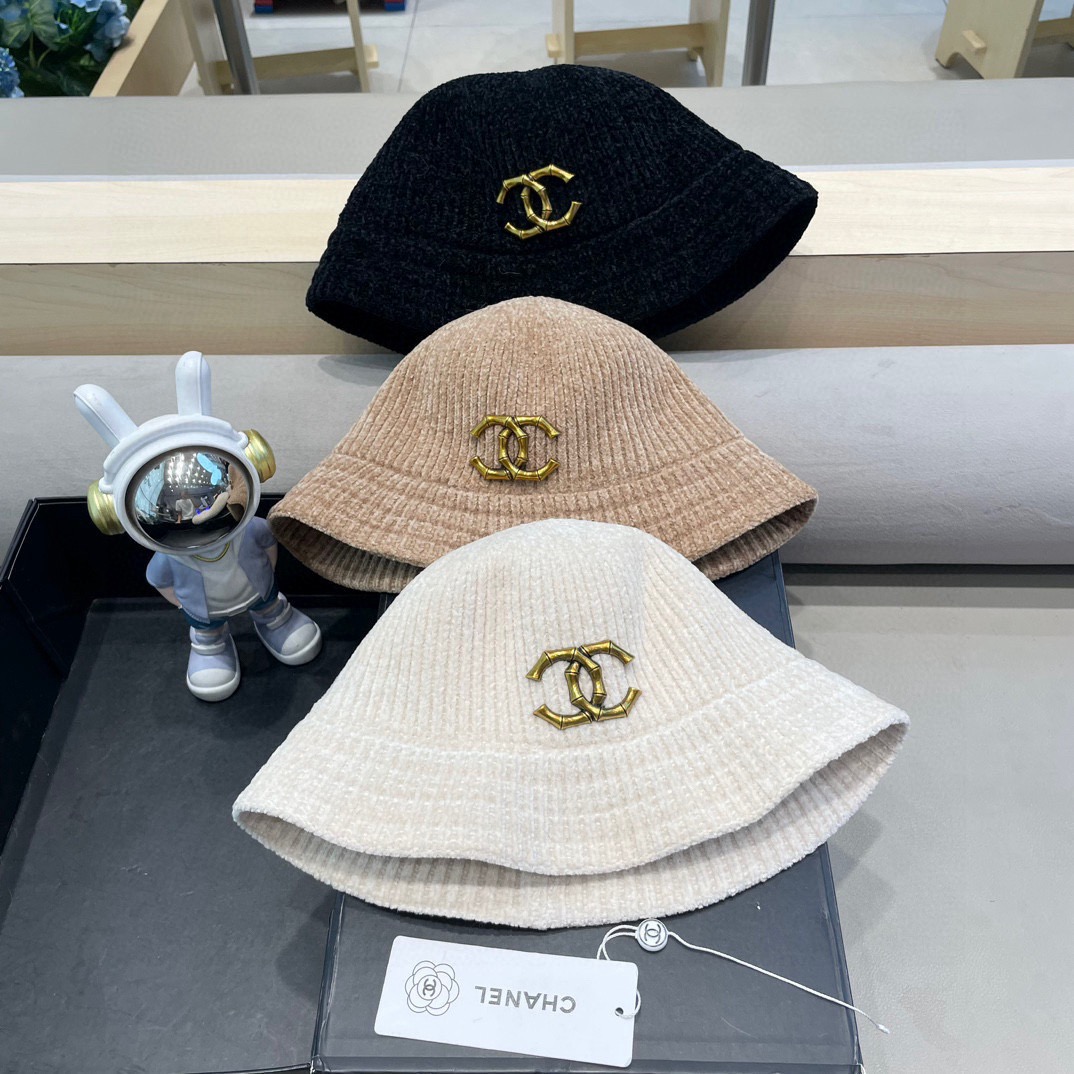 Chanel 纯色针织雪尼尔渔夫帽女短檐秋冬百搭休闲韩版显脸小网红水桶盆帽