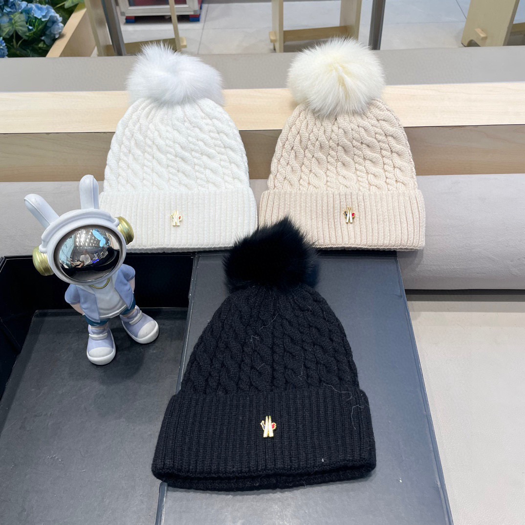 moncler加绒毛线帽女款冬季保暖加厚百搭冷帽防风麻花针织帽护耳学生帽子