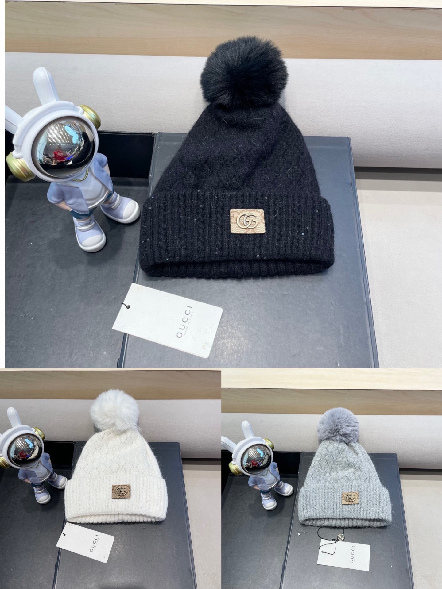 古奇GUCCI毛球毛线帽秋冬季加绒加厚韩版针织女百搭保暖套头护耳帽子