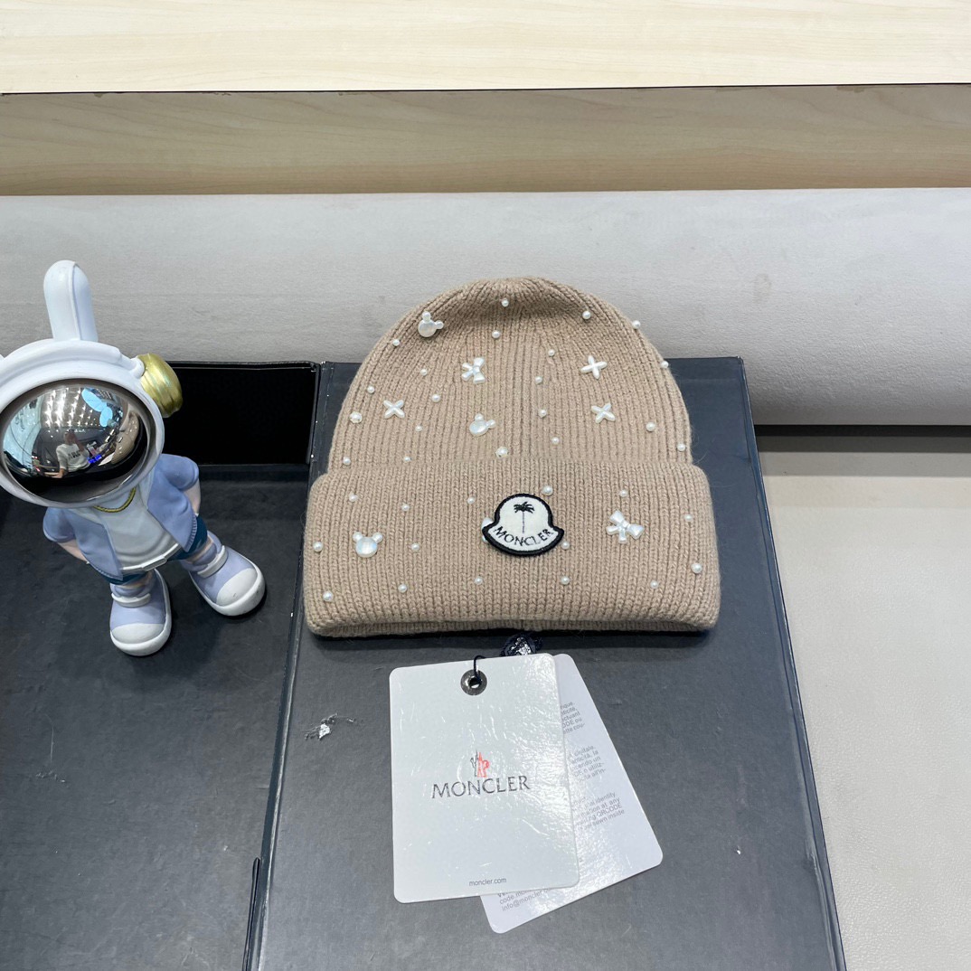 moncler秋冬兔毛混纺毛线帽手工小珍珠蝴蝶结白色针织帽女保暖防寒包头帽