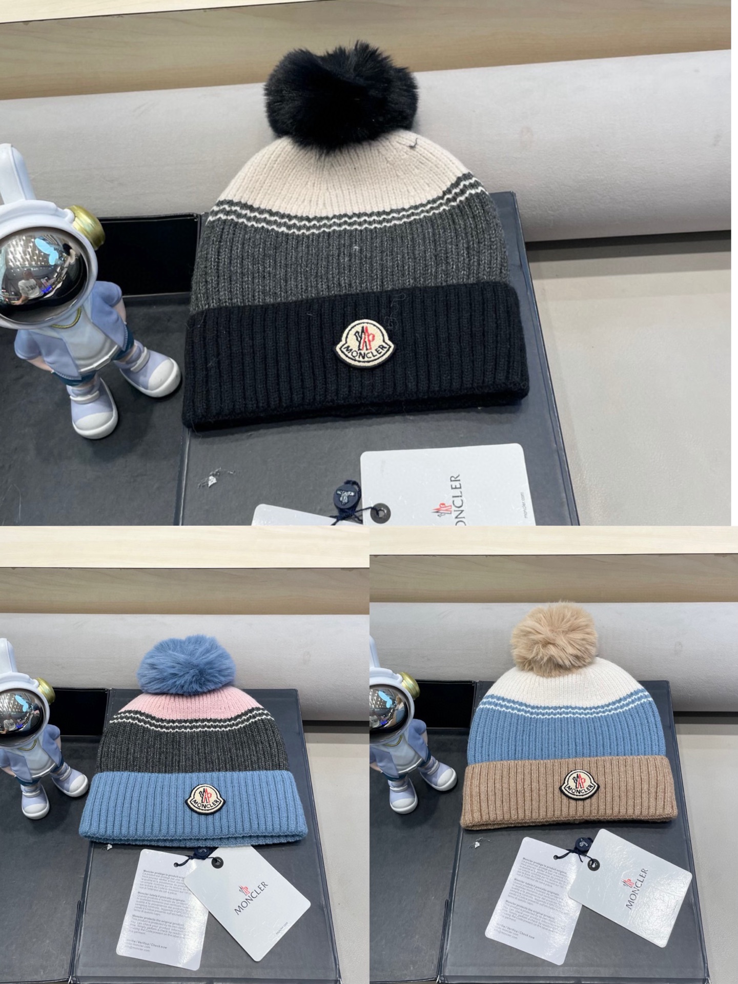 moncler撞色针织帽子女冬季韩版百搭大毛球毛线帽新款保暖卷边护耳帽