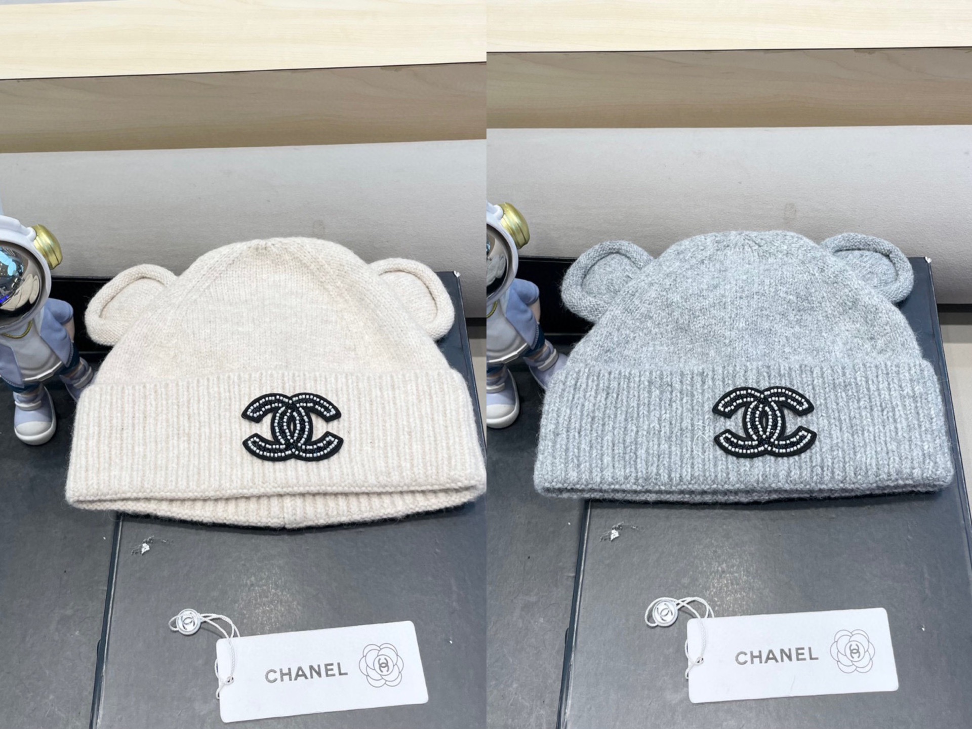 Chanel小熊耳朵针织帽女冬显脸小毛线帽保暖护耳大头围加厚新款可爱冷帽