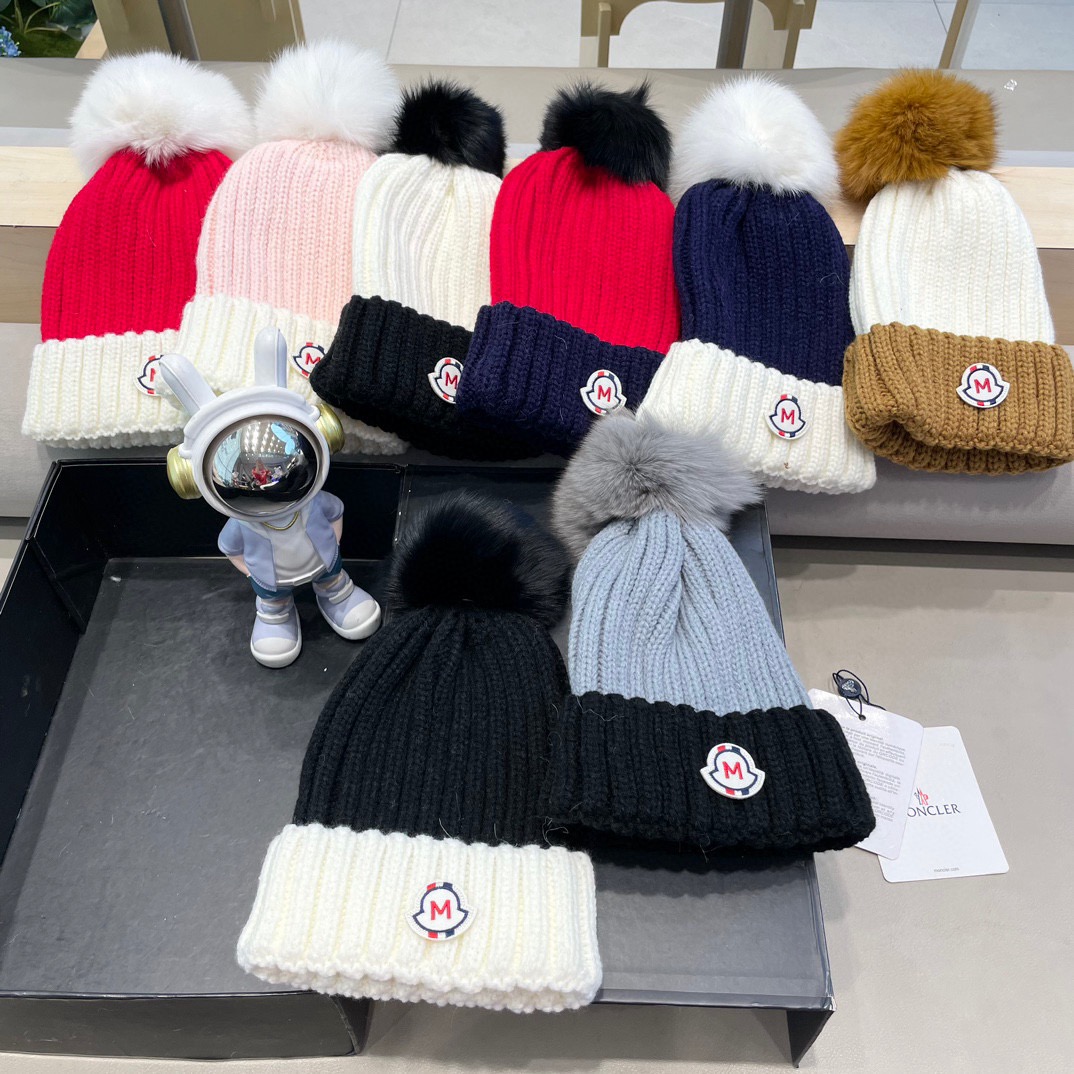 moncler帽子女韩版圣诞狐狸毛球帽子亲子秋冬加厚保暖笑脸羊毛线针织帽潮