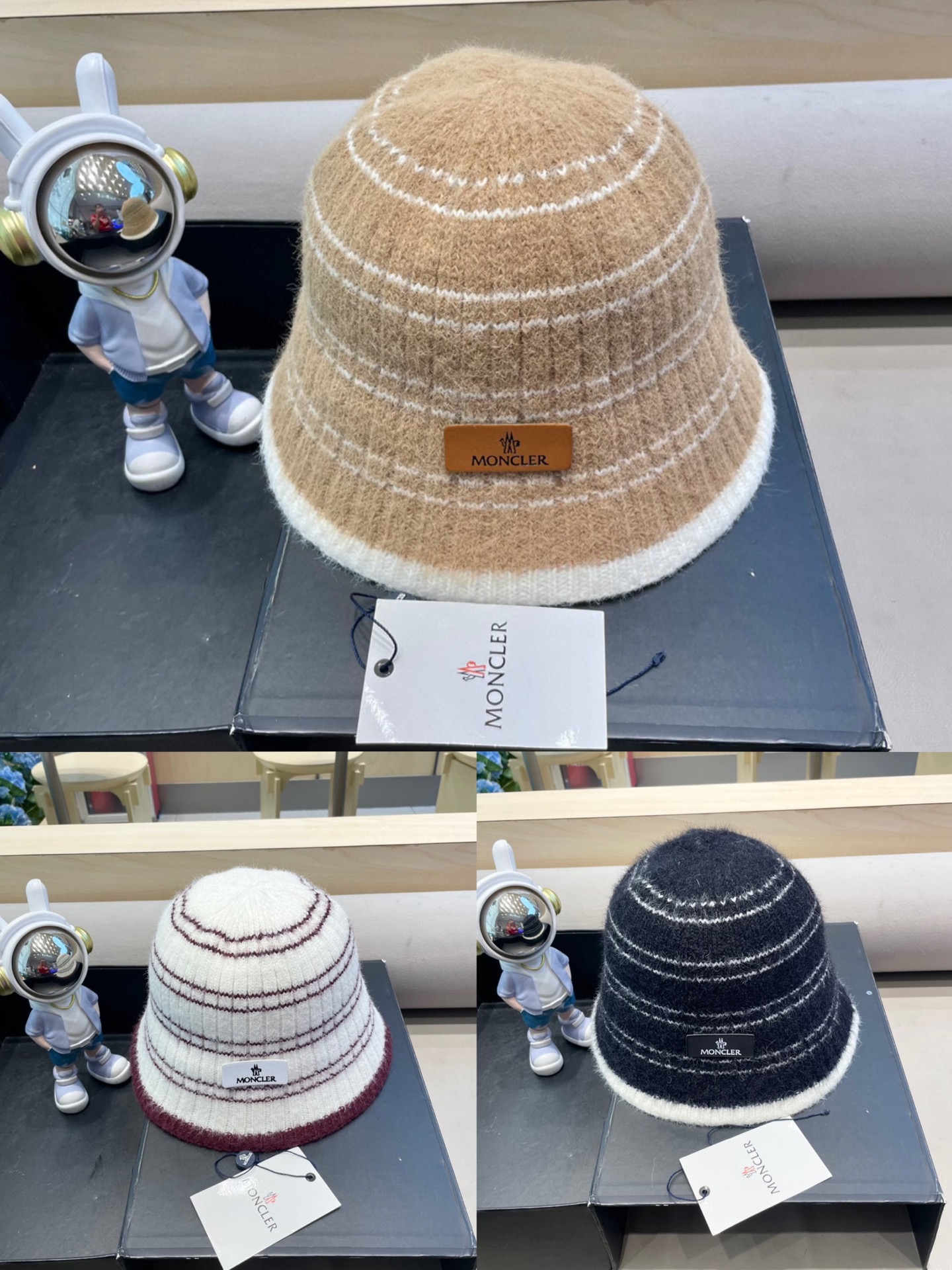 moncler撞色条纹小狗装饰保暖渔夫帽女新款秋冬韩版显脸小圆顶水桶帽