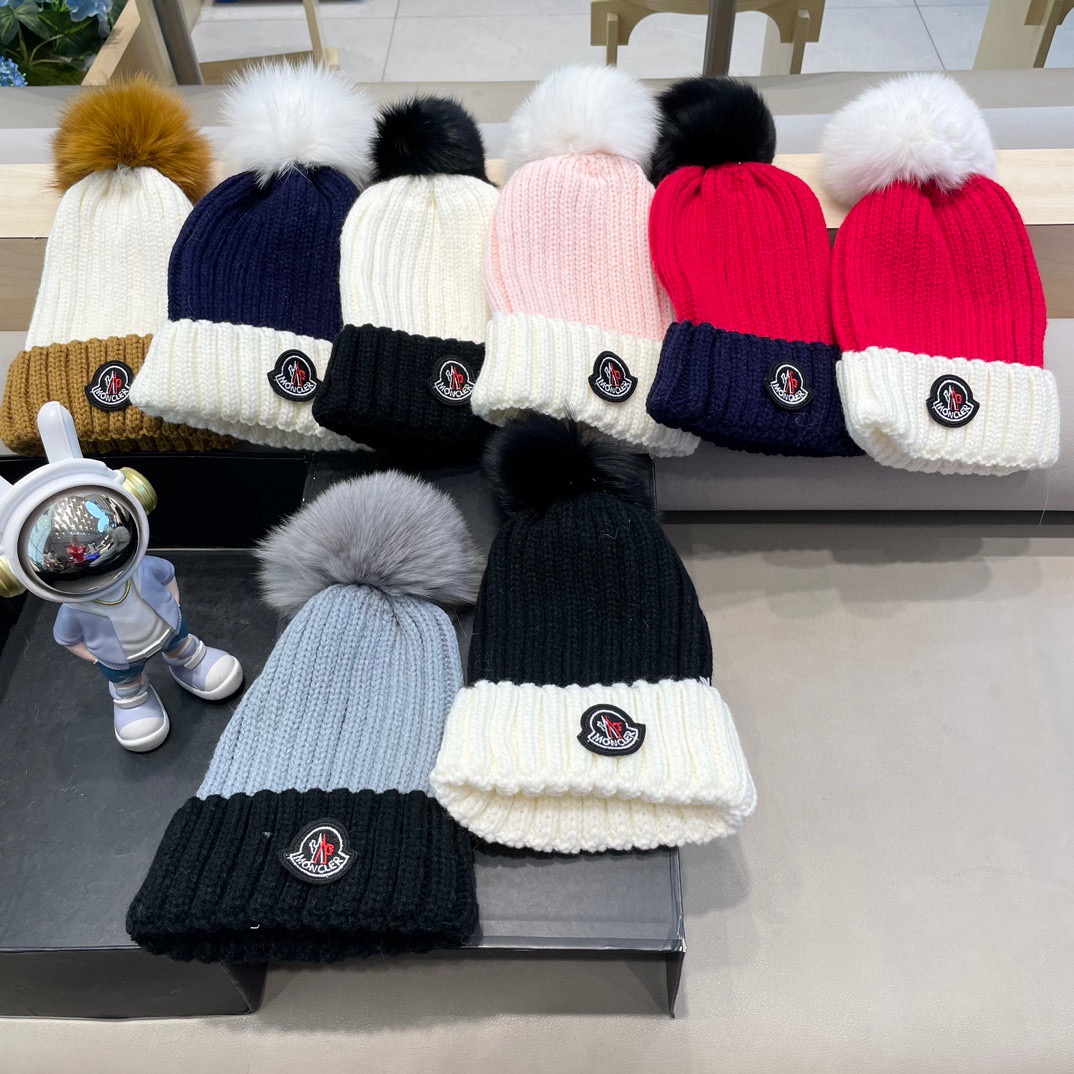 moncler法国定制标冬季保暖针织帽女时髦百搭狐狸毛球拼色可爱毛线帽子